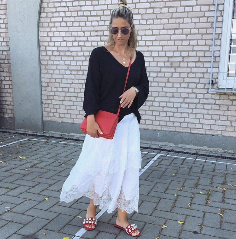 red pearl flat shoes
