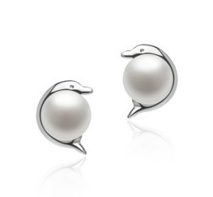 white pearl earrings with silver dolphins