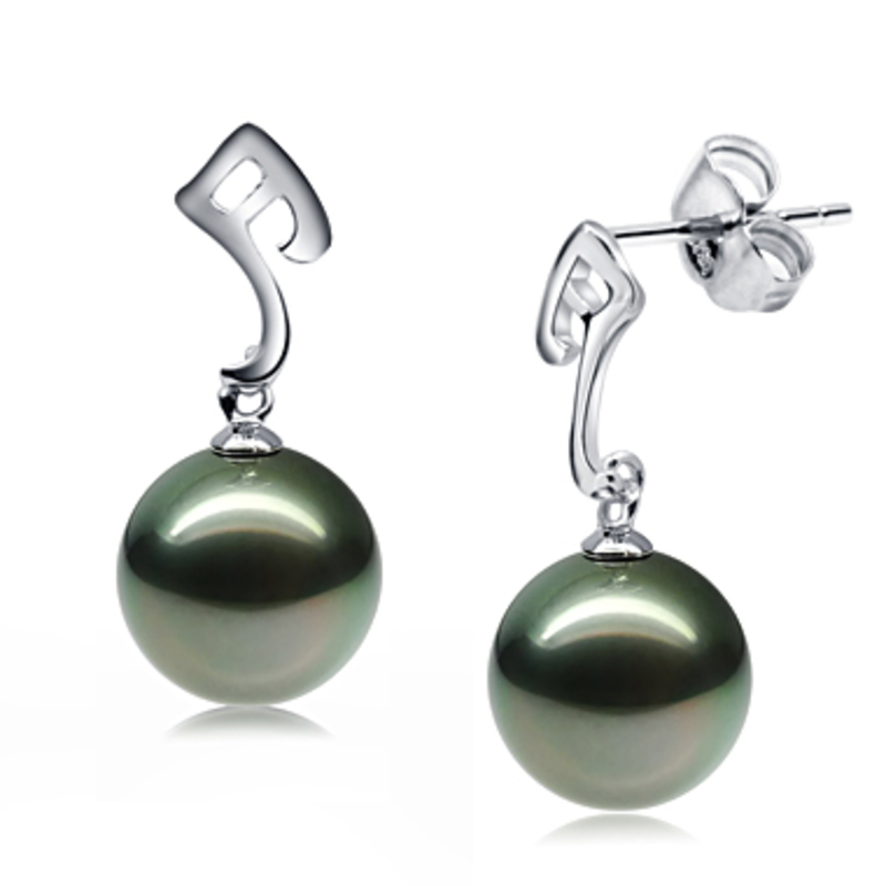 Paar Ohrringe mit schwarzen, 9-10mm großen Tihitianischen Perlen in AAA-Qualität , Assina Abstract