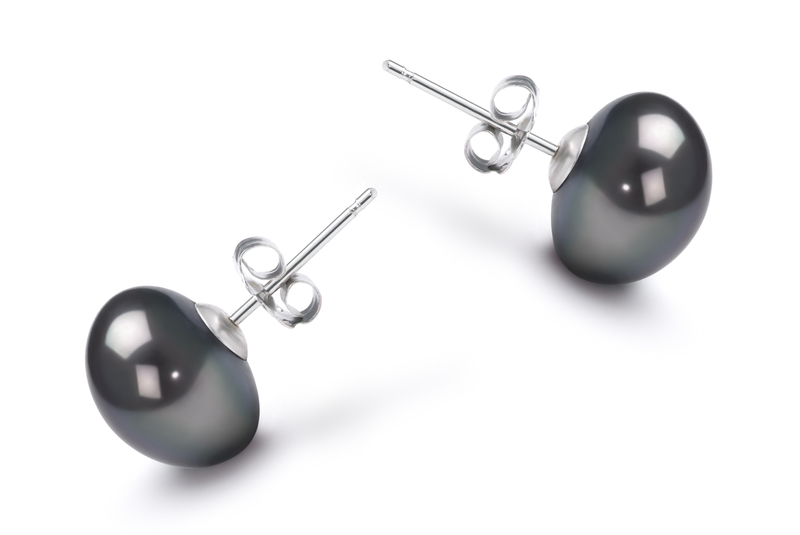 Paar Ohrringe mit schwarzen, 9-10mm großen Süßwasserperlen in AA-Qualität , Brigitte