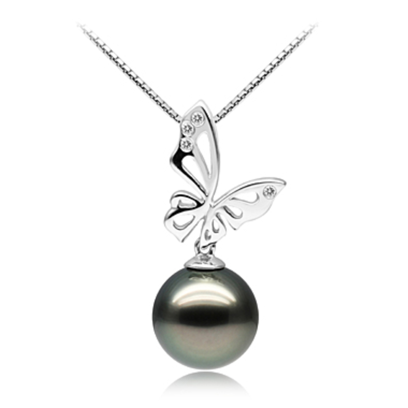 Set mit schwarzer, 10-12mm großer Tahitianischer Perle in AAA-Qualität , Butterfly