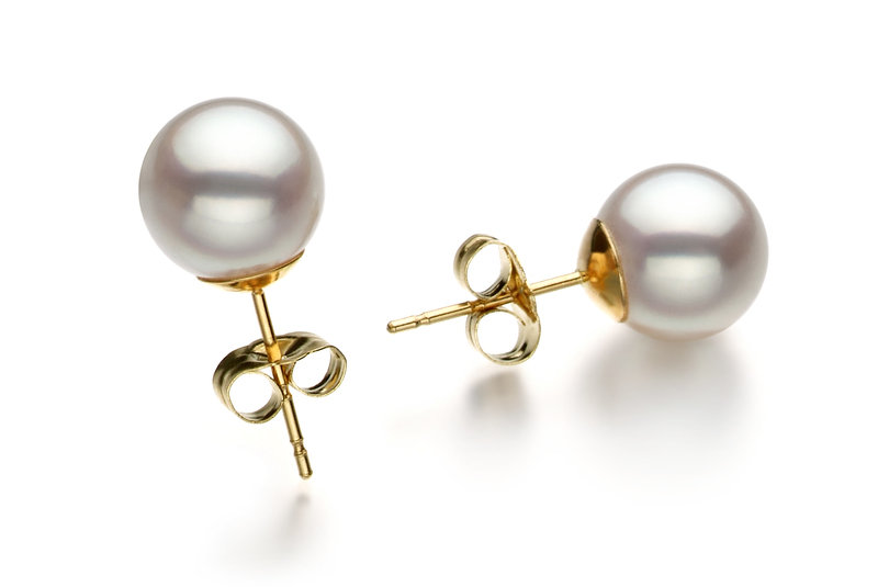 Paar Ohrringe mit weißen, 8.5-9mm großen Janischen Akoya Perlen in Hanadama - AAAA-Qualität