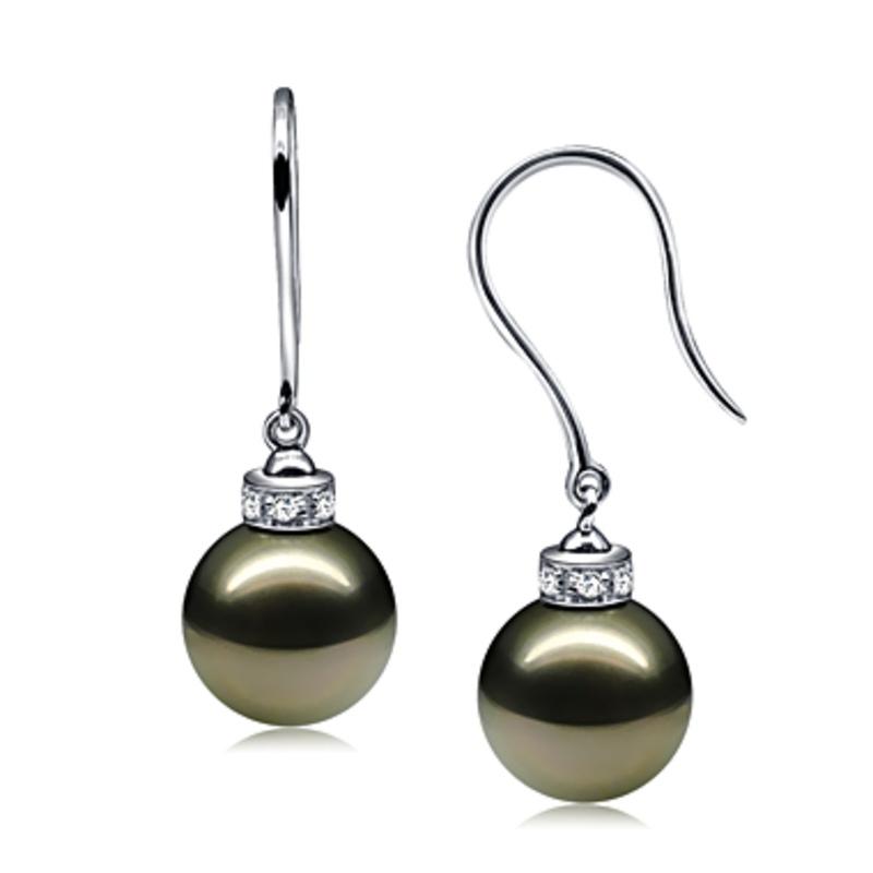 Paar Ohrringe mit schwarzen, 9-10mm großen Tihitianischen Perlen in AAA-Qualität , Merry