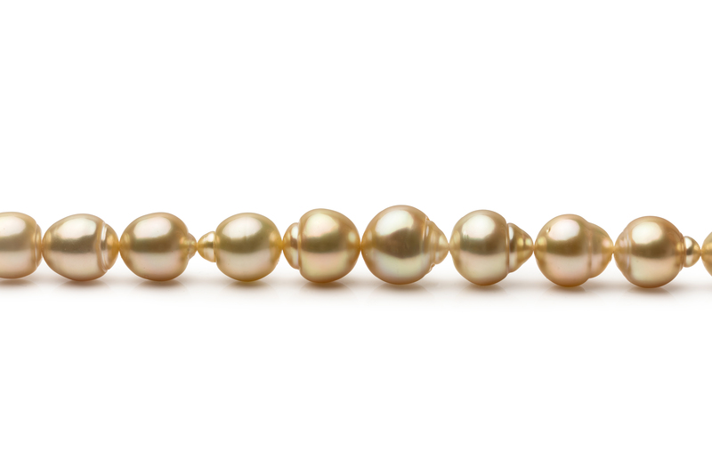 Halskette mit goldfarbenen, 10.1-12.5mm großen Südseeperlen in Barock-Qualität , Goldene 18-Zoll
