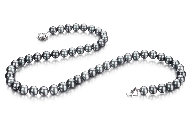 Halskette mit schwarz-silbernen, 7-7.5mm großen Janischen Akoya Perlen in AAA-Qualität