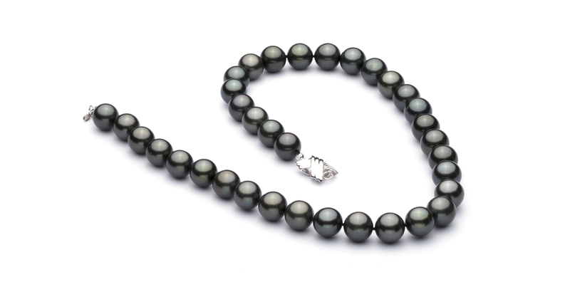 Halskette mit schwarzen, 10.9-13.8mm großen Tihitianischen Perlen in AAA-Qualität