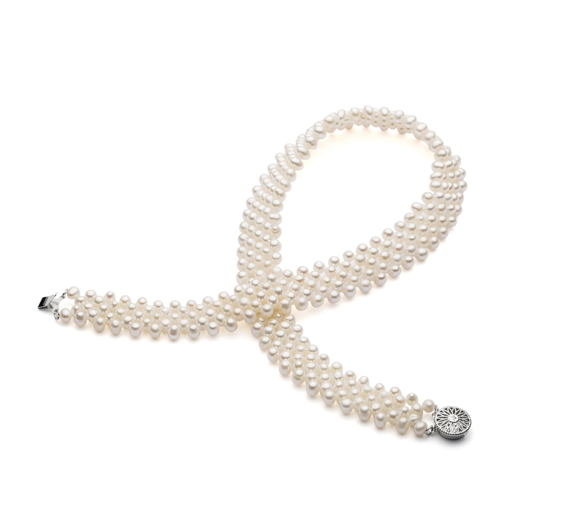Halskette mit weißen, 3-4mm großen Süßwasserperlen in AA-Qualität , Reihe fünf
