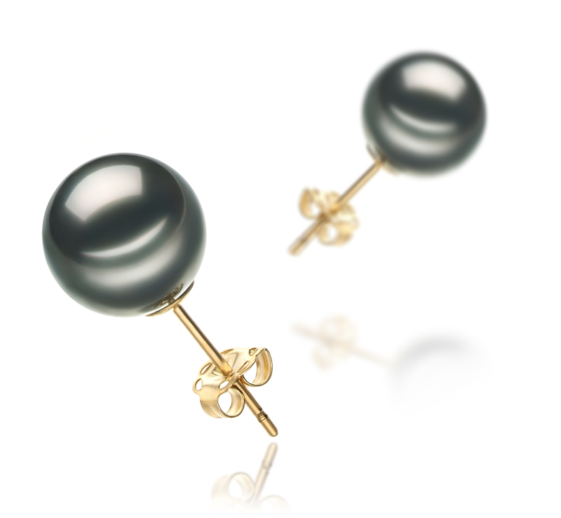 Paar Ohrringe mit schwarzen, 9-10mm großen Tihitianischen Perlen in AA-Qualität