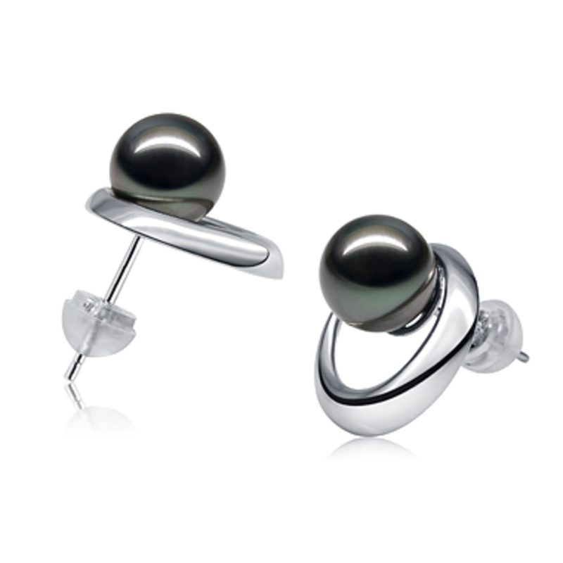 Paar Ohrringe mit schwarzen, 9-10mm großen Tihitianischen Perlen in AAA-Qualität , Rising Sun