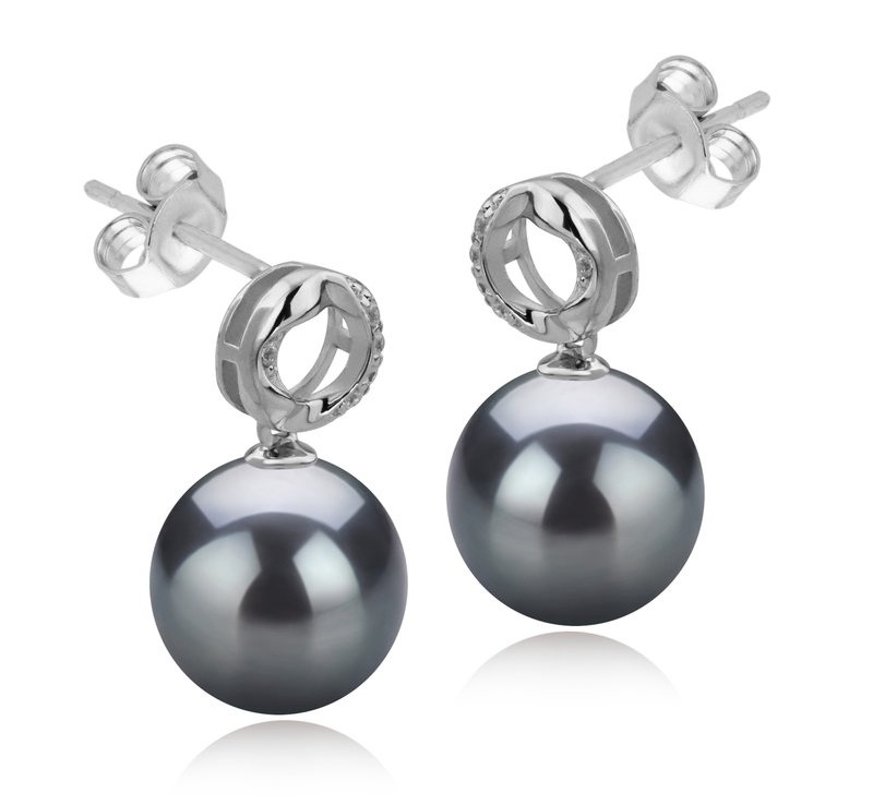 Paar Ohrringe mit schwarzen, 9-10mm großen Tihitianischen Perlen in AAA-Qualität , Shellry