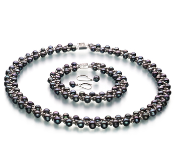 6-7mm A-Qualität Süßwasser Perlen Set in Geflecht Schwarz