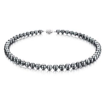 Halskette mit schwarz-silbernen, 7-7.5mm großen Janischen Akoya Perlen in AAA-Qualität