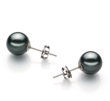 Paar Ohrringe mit schwarzen, 8-9mm großen Tihitianischen Perlen in AA-Qualität