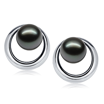 Paar Ohrringe mit schwarzen, 9-10mm großen Tihitianischen Perlen in AAA-Qualität , Rising Sun