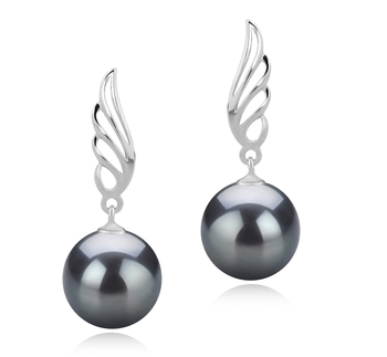 Paar Ohrringe mit schwarzen, 9-10mm großen Tihitianischen Perlen in AAA-Qualität , Wing