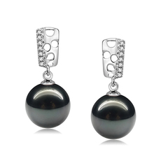 Paar Ohrringe mit schwarzen, 9-10mm großen Tihitianischen Perlen in AAA-Qualität , Zuella